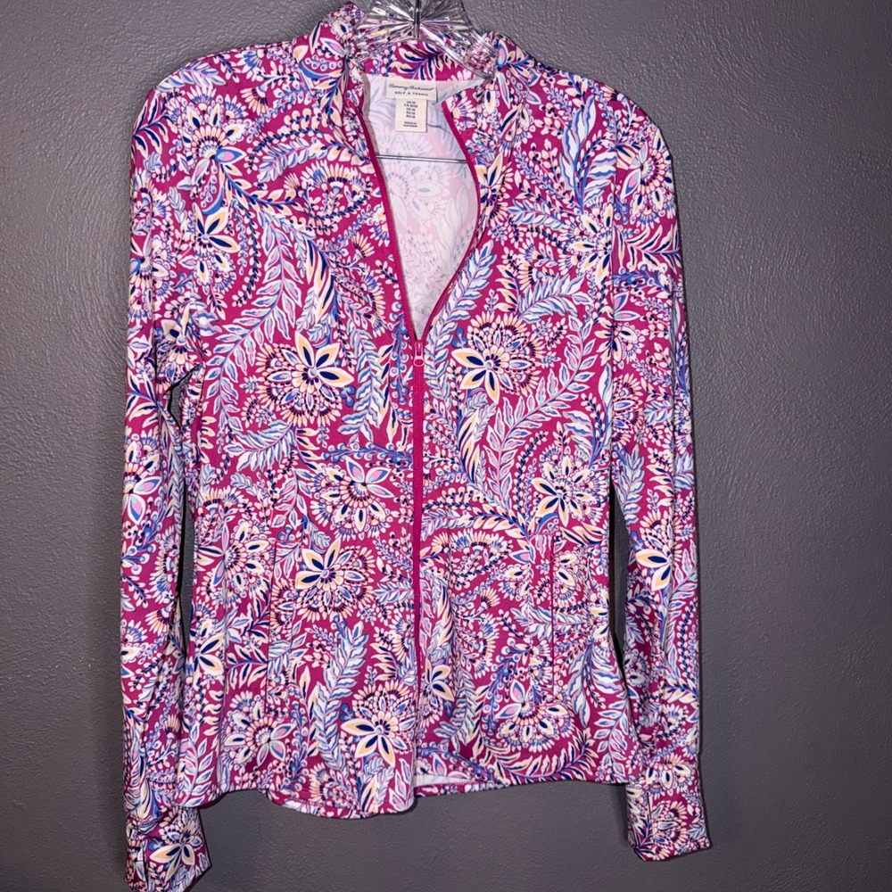 Tommy Bahama Golf Tennis Full Zip Jacket Womens Sz M Pink Floral Long Athleisure